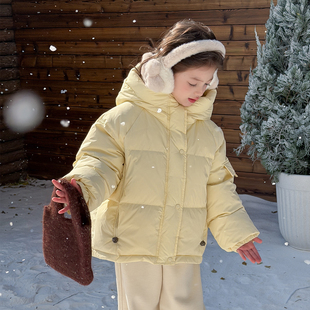 女童羽绒服2025新款连帽加厚保暖90白鸭绒短款儿童男童装冬季外套