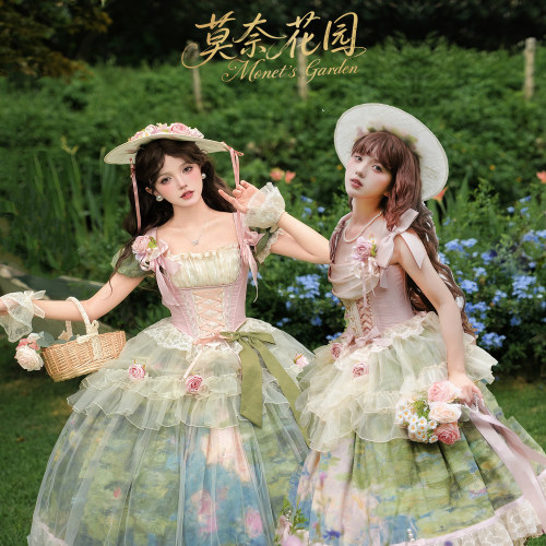 樱罗原创莫奈花园印花油画长裙