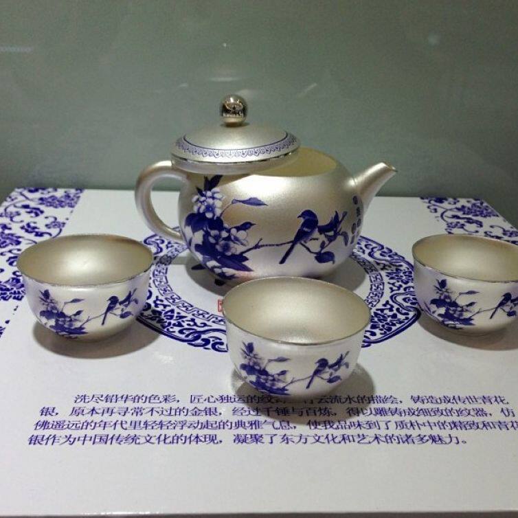 足银999新款其他自主实拍图青花纯银足银茶具富贵牡丹茶壶茶杯