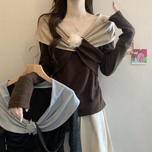 设计撞色衬衣拼接扭结手工花朵