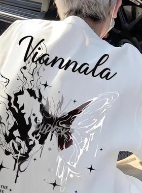 潮牌痞帅炸街t恤男生高级感夏季纯棉蝴蝶短袖美式高街小众五分袖