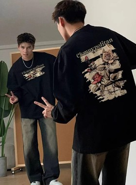 cleanfit美式复古黑色玫瑰圆领长袖T恤男潮牌宽松内搭打底衫秋冬