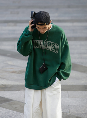 美式重磅墨绿色卫衣男潮ins无帽长袖t恤男春秋款日系cityboy外套