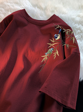 酒红色新中式男装中国风短袖t恤男情侣设计感重磅纯棉夏季7五分袖