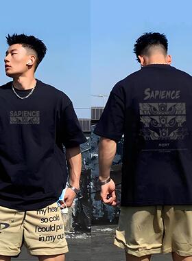 美式痞帅重磅纯棉短袖T恤男夏季ins潮牌街头宽松大码青年圆领上衣