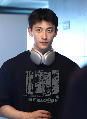 重磅纯棉黑色短袖t恤男新款夏宽松大码美式复古印花长袖男士上衣