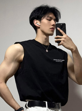 美式重磅运动无袖背心男款夏季纯棉打底t恤宽松大码黑色健身上衣