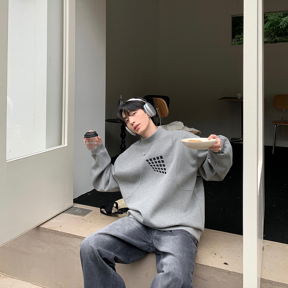 新款潮流方块图案休闲长袖卫衣男秋季圆领套头小众韩国百搭上衣