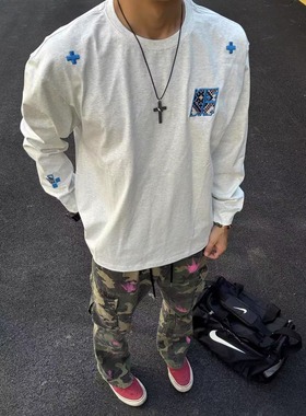 重磅潮牌覆古字母刺绣圆领长袖T恤男春秋季新款美式高街宽松上衣