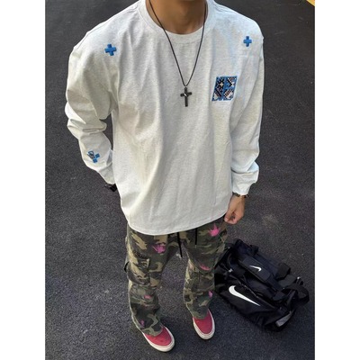 刺绣圆领长袖T恤男春秋新款上衣