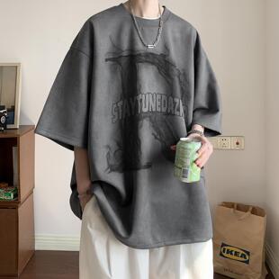 休闲慵懒五分袖 麂皮绒t恤男美式 复古高街潮牌短袖 上衣夏季 体恤衫