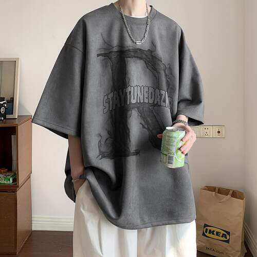 麂皮绒t恤男美式慵懒五分袖