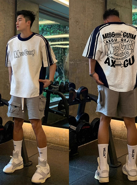 美式小众高街潮牌印花圆领灰白色半袖上衣男夏季棉重磅短袖T恤