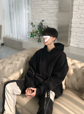 500g重磅纯黑色卫衣男连帽衫秋季oversize美式内搭慵懒风中山外套