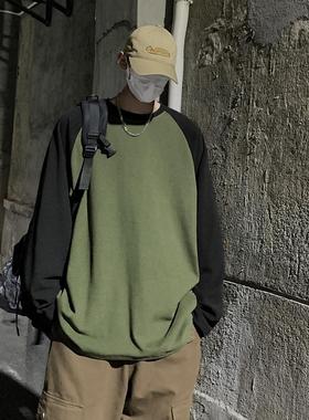 墨绿色插肩长袖t恤男2025秋冬新款打底上衣美式加厚圆领内搭卫衣