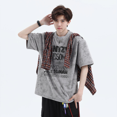 美式扎染字母印花t恤短袖男款夏