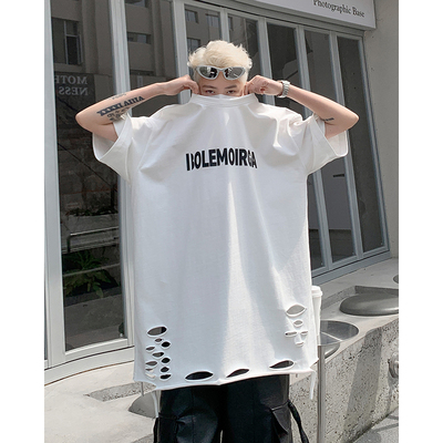 港风短袖t恤男生夏季破洞设计感