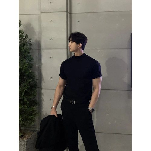 收袖口t恤小领口修身短袖夏季