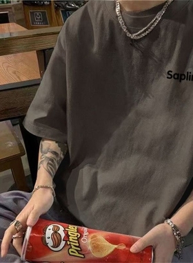 夏季纯棉深灰色短袖T恤男生字母印花国潮简约上衣服宽松小众体恤