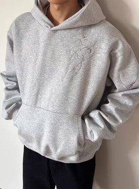 灰色cleanfit闪电纹刺绣卫衣男秋美式高街连帽外套痞帅baggy帽衫