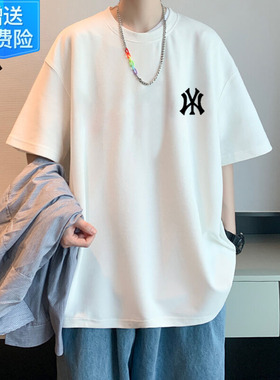 纯棉短袖t恤男夏季潮牌宽松半袖ins圆领情侣款潮流白色五分袖上衣