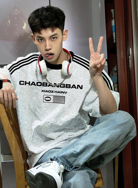 美式短袖男款夏季潮牌灰色三条杠t恤男生宽松休闲纯棉体恤上衣服