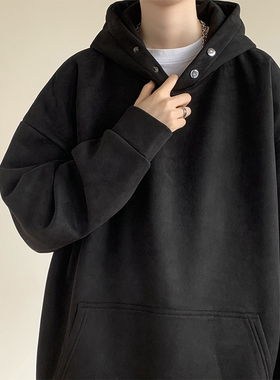 重磅麂皮绒黑色连帽卫衣男款秋冬季加厚潮牌痞帅高街美式复古外套