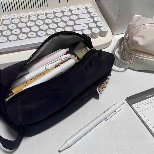 覆古日系ins风黑色耐脏笔袋双层拉炼 炼 大容量多功能文具盒简约学生铅笔盒初中生高中生高颜值帆布文具袋