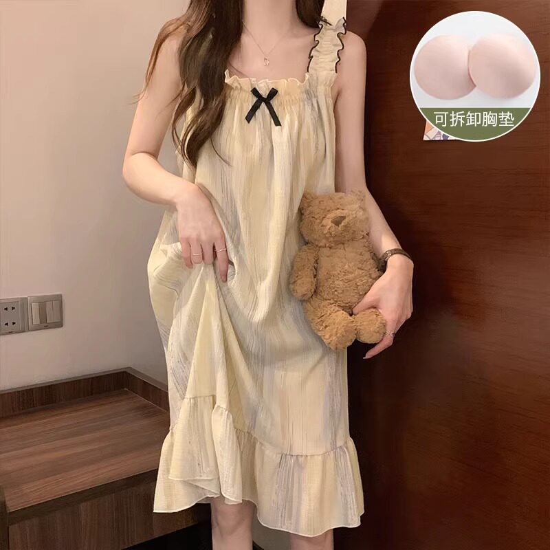 睡衣女夏天透气棉高级感睡裙夏天女士带胸垫大码家居服连衣裙