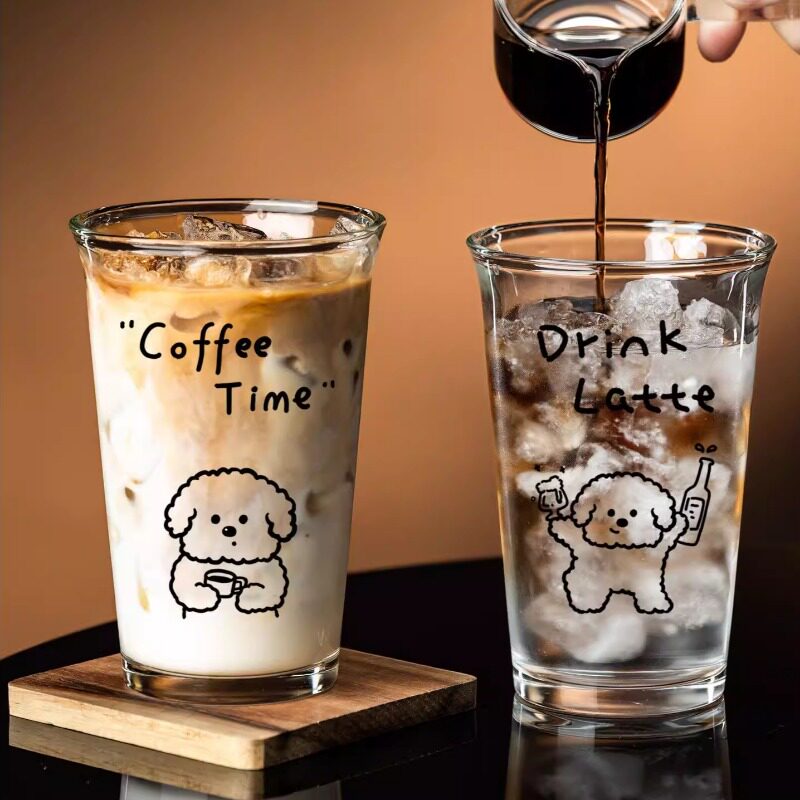 玻璃咖啡杯加厚透明牛奶杯子果汁啤酒喝水杯家用卡通线条小狗杯
