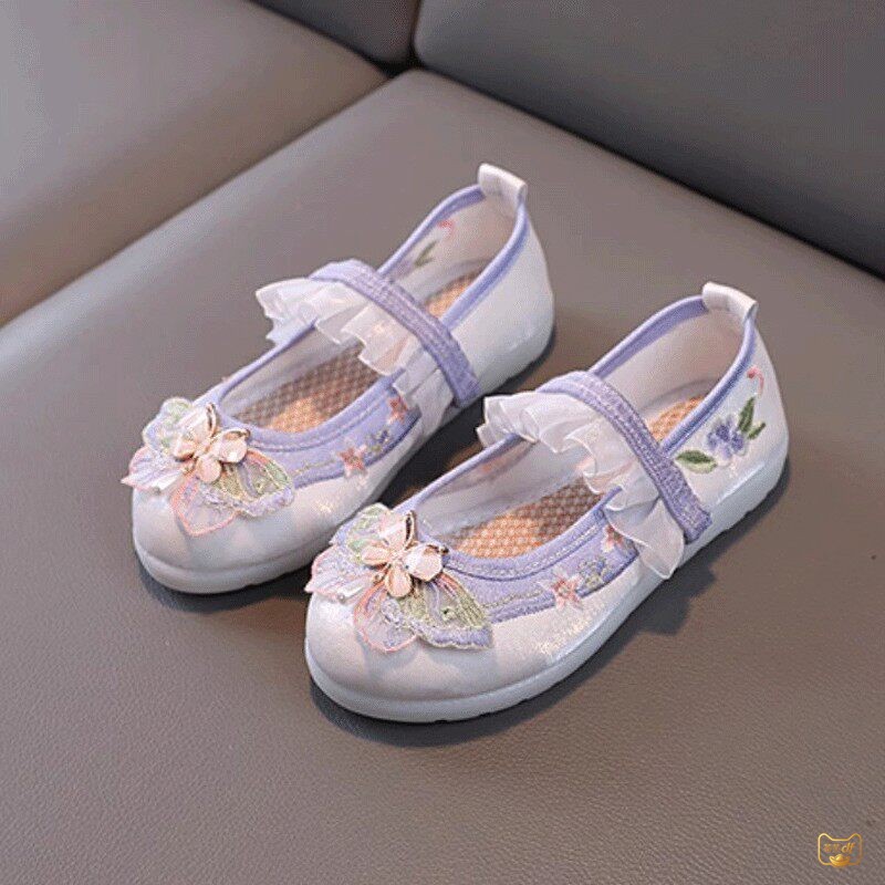 紫色旗袍搭配鞋子女童汉服鞋子2026新款古风儿童绣花鞋透气防滑手图片