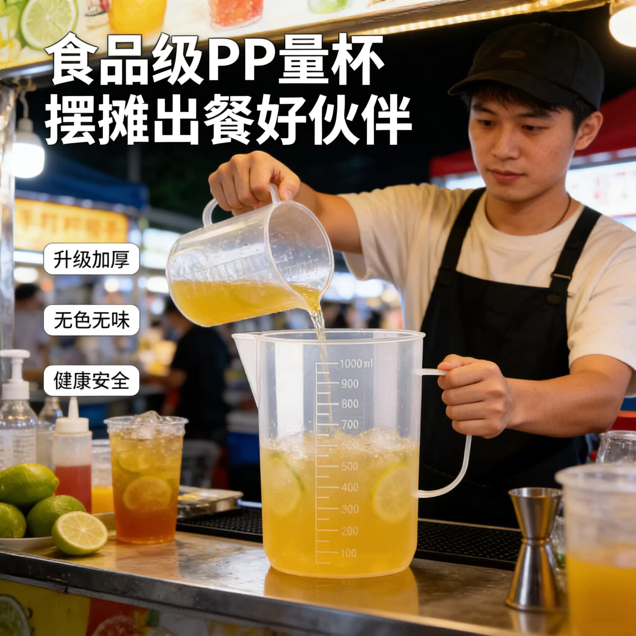 摆摊做果汁饮料加厚量杯食品级塑料透明带刻度量筒工具奶茶大容量