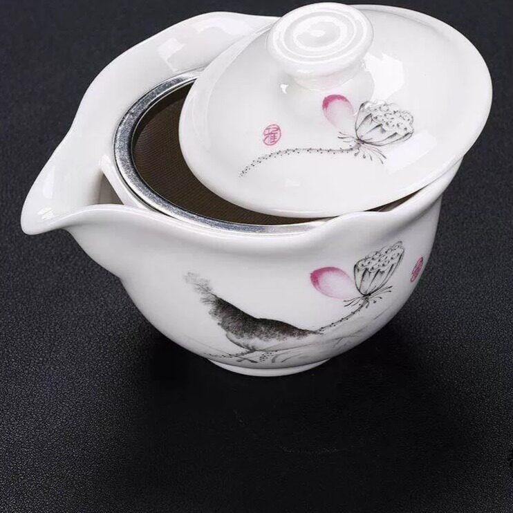 单茶水分离防烫过滤器三容量碗茶杯茶具德化白瓷有盖茶具套组