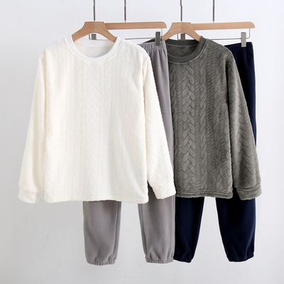 日单男法兰绒纯色压花起居服套装