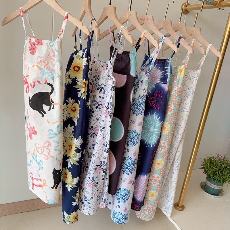 日单夏季新款甜美睡裙女童薄款吊带肩带可调节棉睡衣家居日系长裙