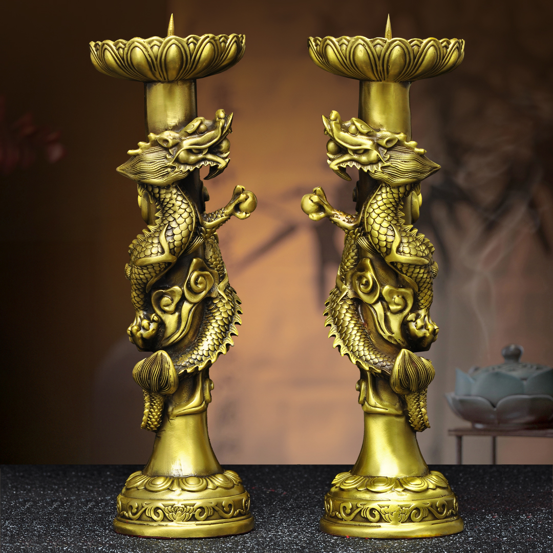 黄铜龙火烛台一对铜蜡烛台供奉