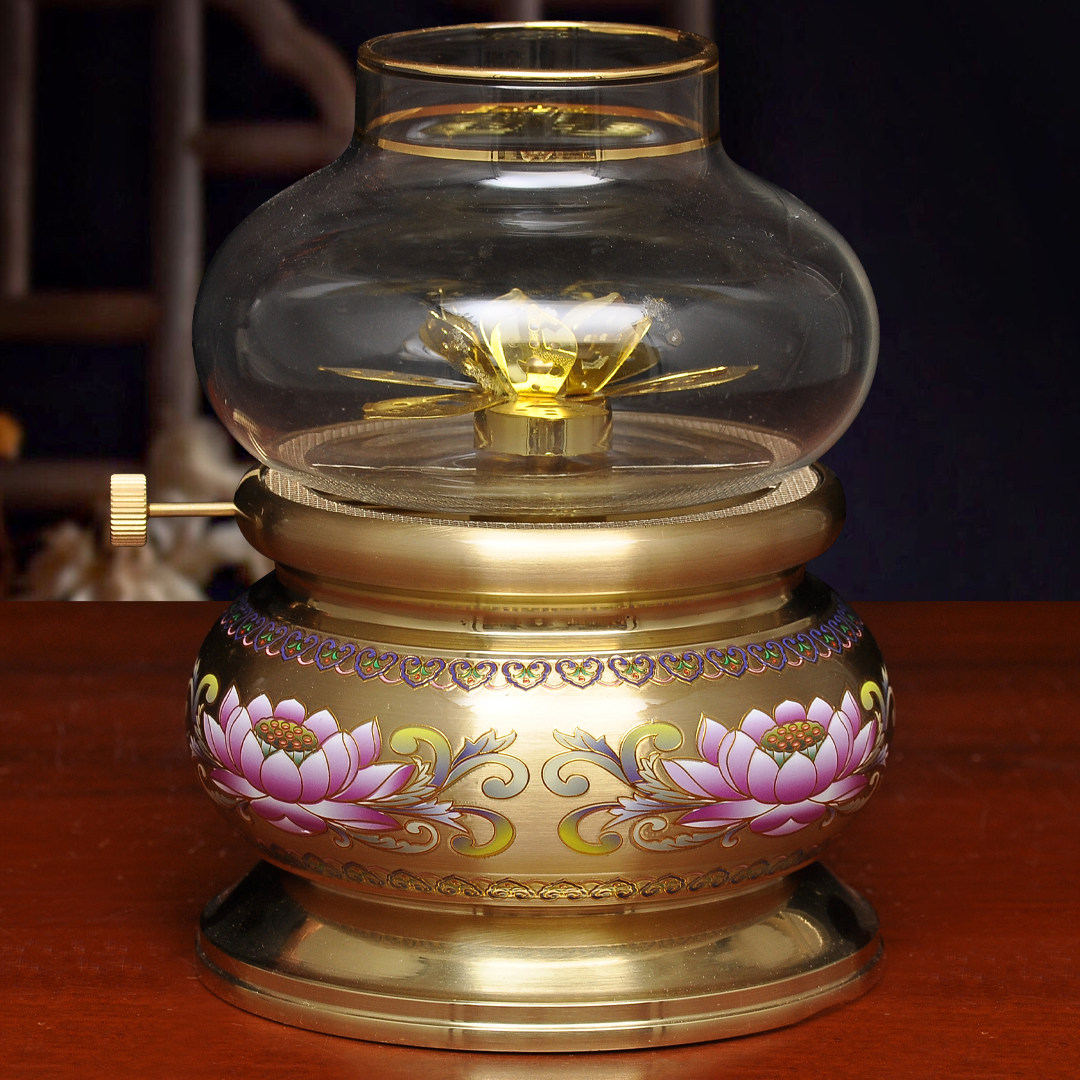黄铜素面莲花油灯酥油灯家用寺庙佛堂供佛油灯长明灯佛灯防风灯座