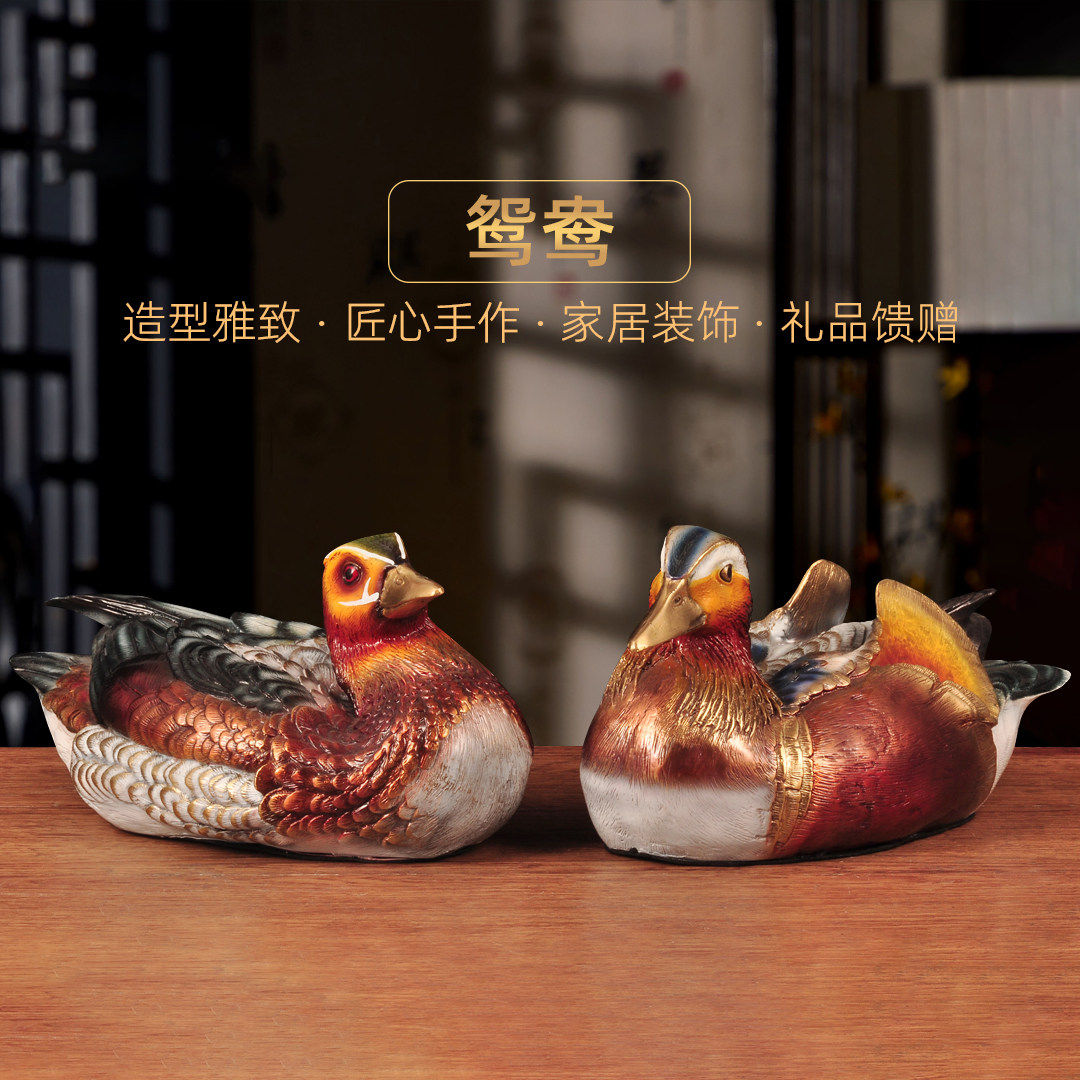 彩铜鸳鸯双栖摆件一对鸳鸯百年好