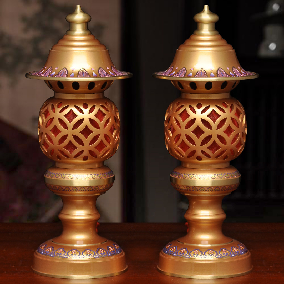 黄铜彩色莲花供灯大号一对led插电供灯家用佛堂供佛灯长明灯佛具