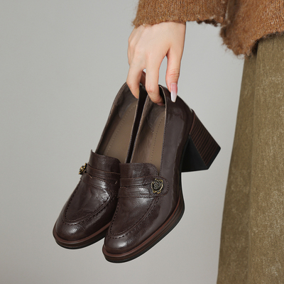 开怀依足手抓羊皮粗跟英伦风配裙子乐福鞋女鞋浅口浅口高跟单鞋女