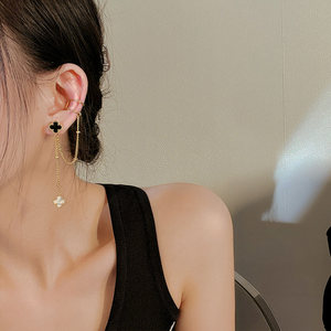 独特设计四叶草耳环女2021年新款潮耳骨夹不对称流苏耳饰气质耳钉