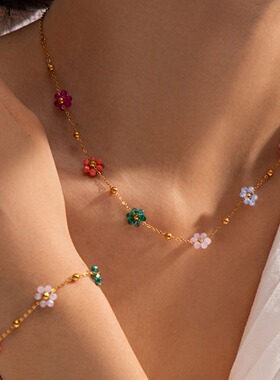 不掉色夏季水晶花朵项链女款2026新款颈链饰品套装配饰