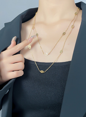 小众设计双层圆牌项链女金色锁骨链高级感百搭颈链