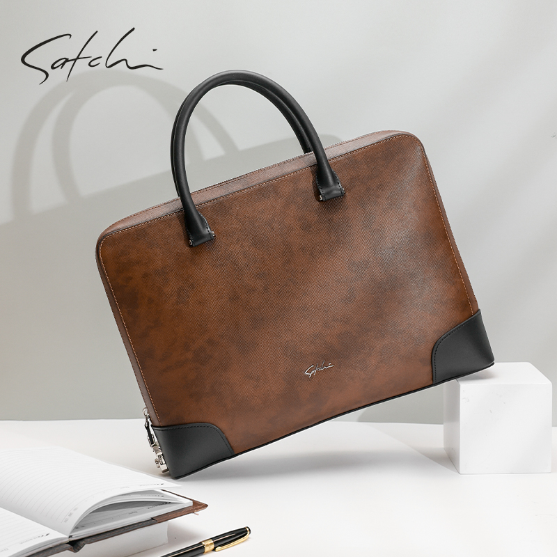 沙驰男士大容量浅啡色公文包潮