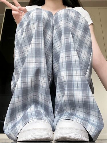 大码胖mm蓝色格子冰丝阔腿裤女夏季薄款高腰显瘦垂感宽松运动裤子