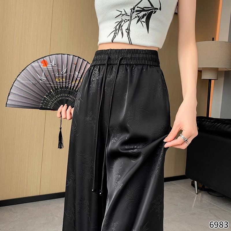 300斤胖mm大码新中式提花阔腿裤女春夏薄款冰丝垂感宽松休闲裤子