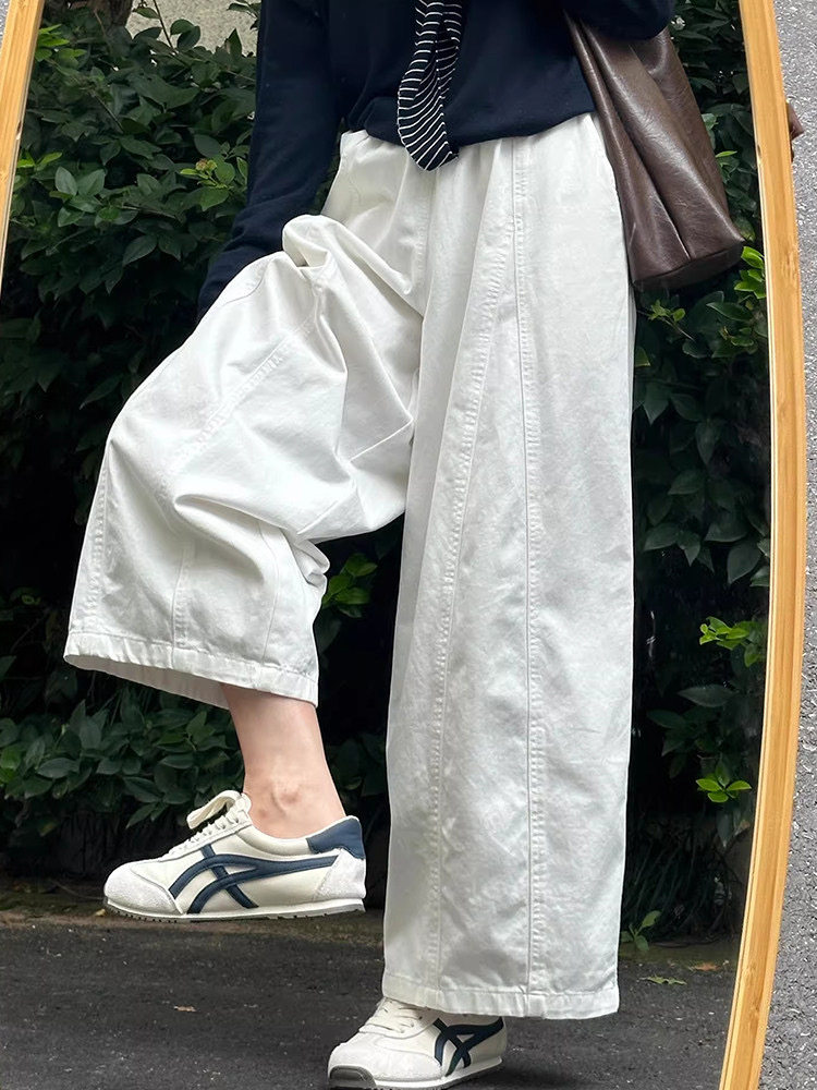大码胖MM简约设计白色阔腿裤女宽松休闲百搭高腰显瘦小个子九分裤