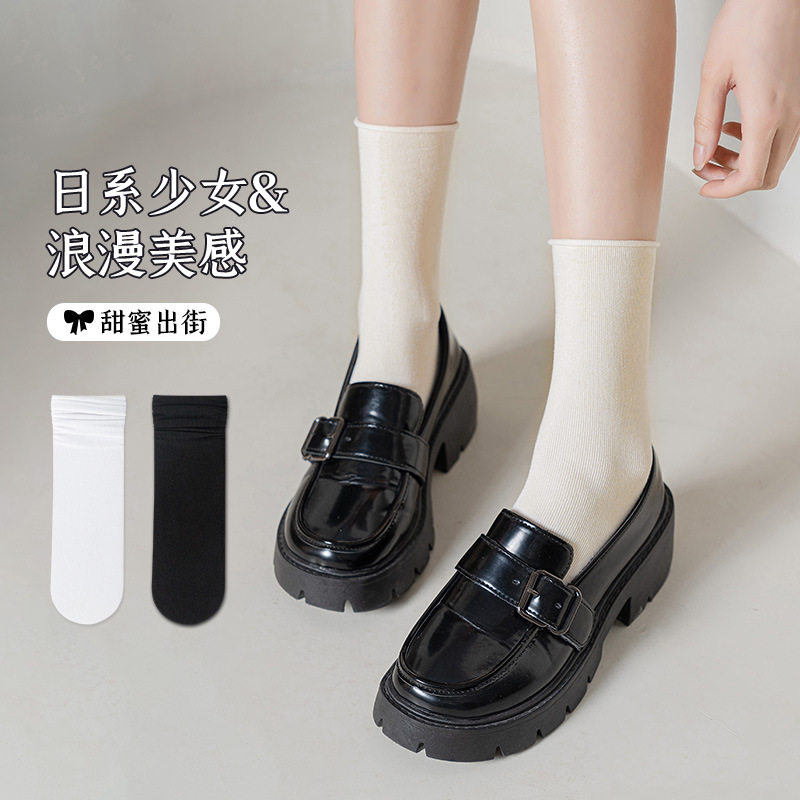 白色袜子女卷堆堆jk配乐福鞋中筒