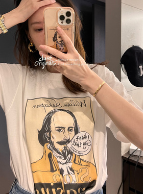 2022duet原创 手绘莎翁头像正面印花筒织无缝全棉休闲圆领短袖T恤
