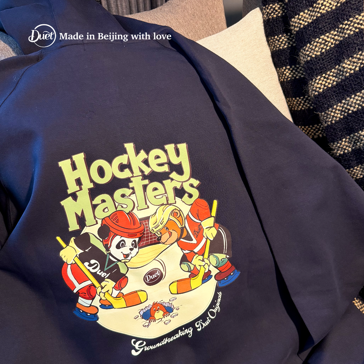 2025duet原创 熊猫和棕熊冰球大师海军蓝连帽双拉链太空棉卫衣